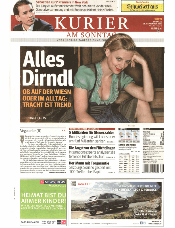Eine Frau im Dirndl auf der Titelseite des „Kurier am Sonntag“ vom 28. September 2014.