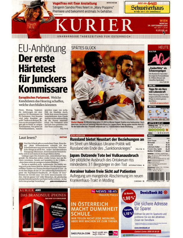 Titelseite der österreichischen Tageszeitung Kurier vom 29. September 2014.