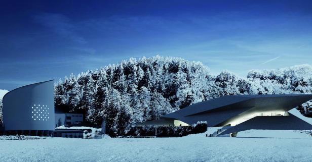 Künftige Ansichten: Das neue Haus in einem Computerrendering von außen im Winter.