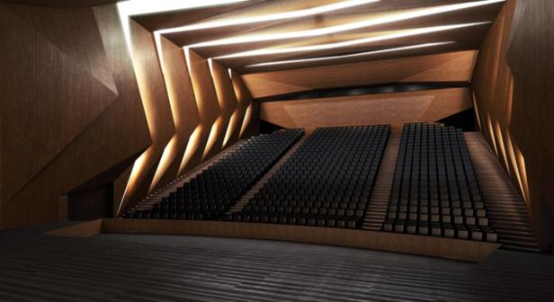 Der Konzertsaal mit seiner Holzvertäfelung (Computerrendering)