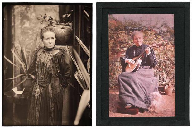 Zwei Porträts einer Frau, eines in Sepia und eines koloriert, eines mit Mandoline.