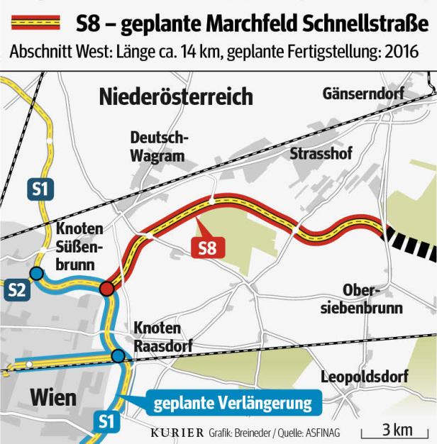 Eine Karte der geplanten Marchfeld Schnellstraße S8 in Niederösterreich.