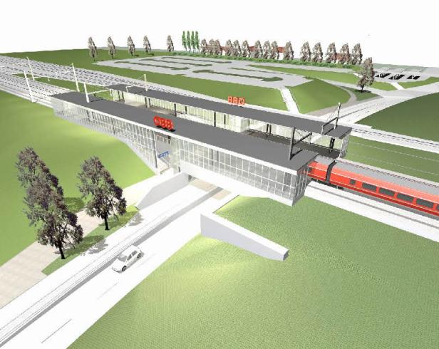 Eine Visualisierung eines modernen ÖBB-Bahnhofs mit einem roten Zug.