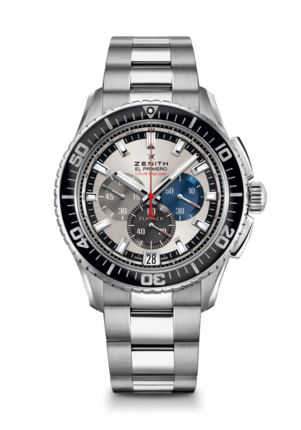Eine silberne Zenith El Primero Uhr mit schwarzer Lünette und Chronographenfunktion.