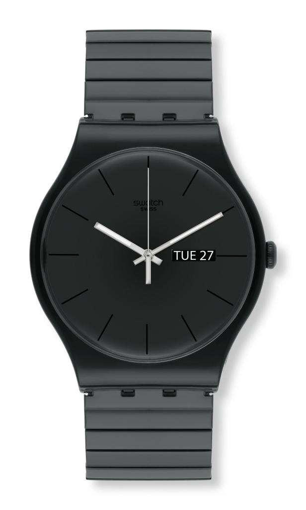 Eine schwarze Swatch-Uhr mit einem Datumsfenster, das „Tue 27“ anzeigt.