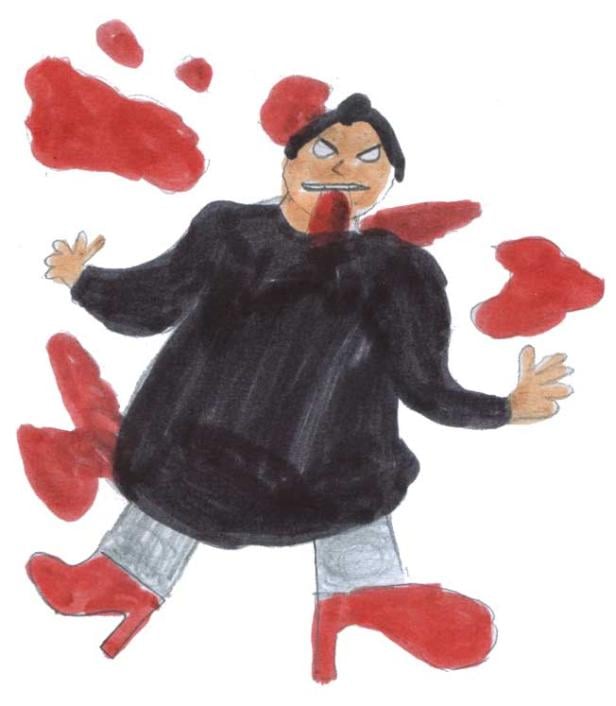 Eine gezeichnete Figur in einem schwarzen Oberteil, grauen Hosen und roten Schuhen liegt umgeben von roten Flecken.