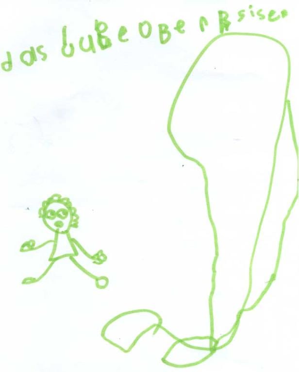 Eine kindliche Zeichnung zeigt eine grüne Strichmännchenfigur und eine größere, unbestimmte Form.