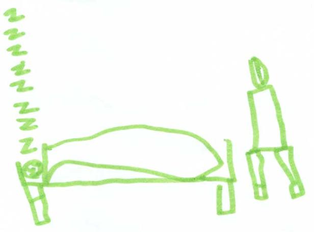 Eine grüne Strichmännchen-Zeichnung zeigt eine schlafende Person im Bett und eine stehende Person daneben.