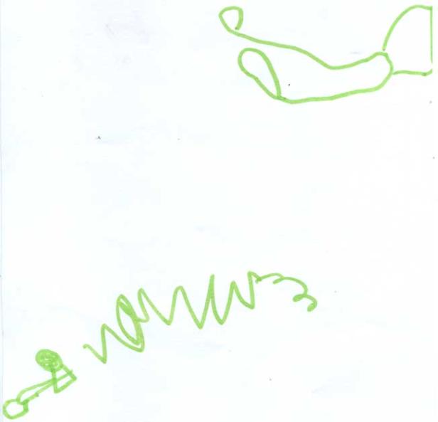 Eine grüne Zeichnung zeigt eine Hand, die eine Feder hält, die zu einer Person führt.