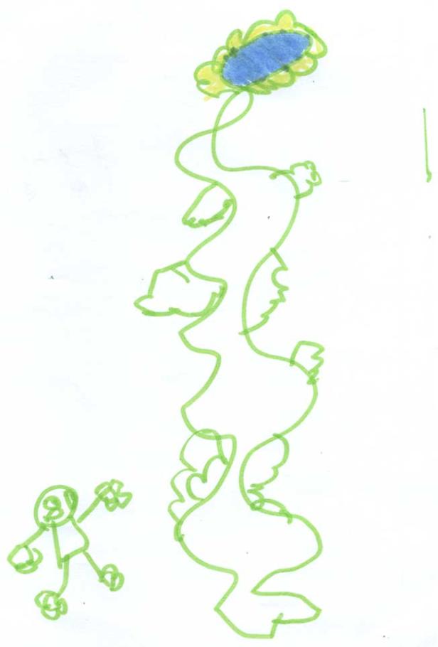 Eine Zeichnung zeigt eine stilisierte grüne Bohnenranke mit einer blauen Blüte und eine grüne Strichmännchenfigur.