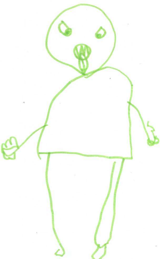 Eine grüne Strichmännchen-Zeichnung mit einem gruseligen Gesichtsausdruck.