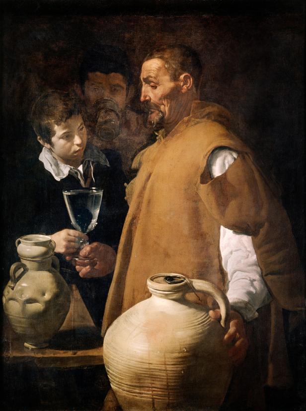 Ein Gemälde von Diego Velázquez zeigt drei Männer mit Krügen und einem Glas Wein.