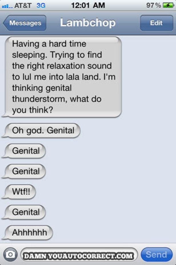 Ein Screenshot einer SMS-Konversation, in der Autokorrektur das Wort „genital“ anstelle eines anderen Wortes einfügt.