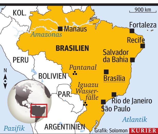Eine Karte von Brasilien mit hervorgehobenen Städten und geografischen Merkmalen.