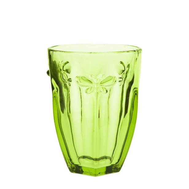 Ein grünes Glas mit einem Schmetterlingsmuster auf weißem Hintergrund.