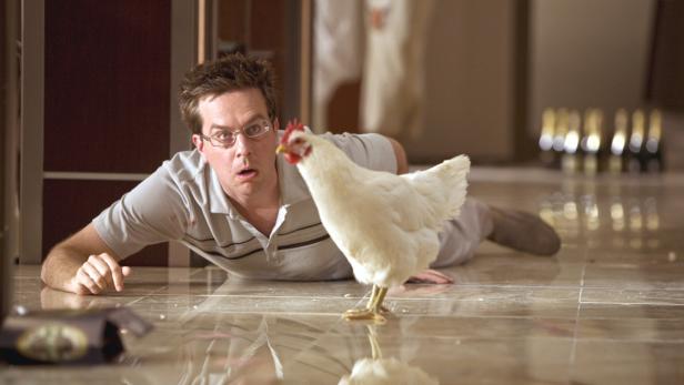 Ein Mann liegt erschrocken auf dem Boden, während ein Huhn vor ihm steht.