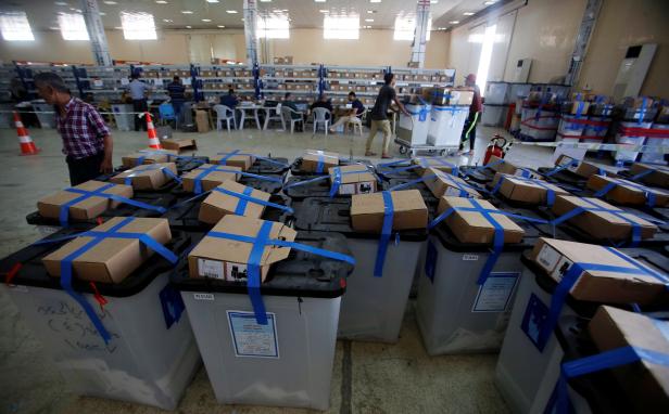 Ballot boxes are seen at a warehouse in Baghdad
