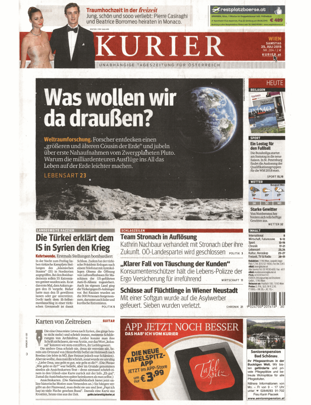Titelseite des Kurier vom 25. Juli 2015 mit Artikeln über Weltraumforschung und die Türkei im Krieg mit IS.