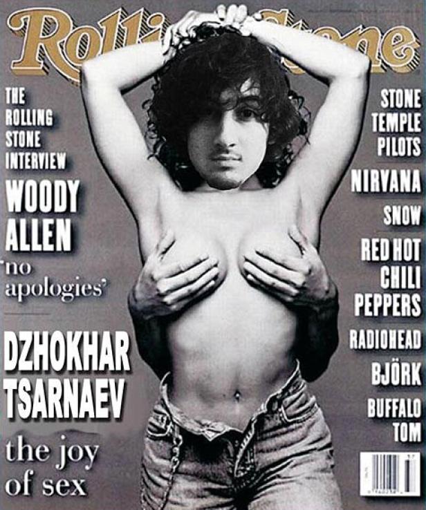 Ein gefälschtes Rolling Stone-Cover mit dem Gesicht von Dschochar Zarnajew auf dem Körper einer Frau.