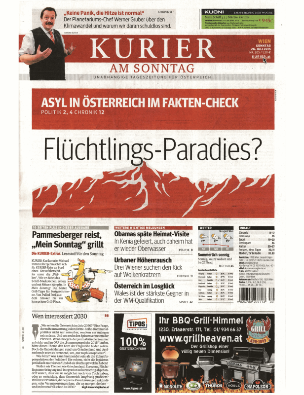 Titelseite des Kurier am Sonntag vom 26. Juli 2015 mit Artikeln zu Asyl, Klima und Grillen.