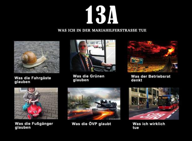 Ein Meme, das die Realität des Busfahrens in der Mariahilfer Straße mit verschiedenen humorvollen Perspektiven vergleicht.