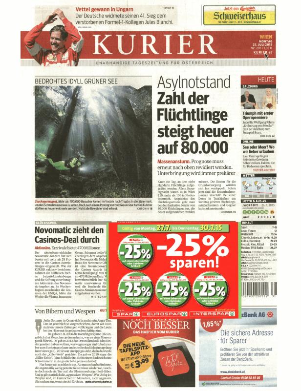 Titelseite des Kurier vom 27. Juli 2015 mit Artikeln über Sport, Flüchtlinge und Glücksspiel.