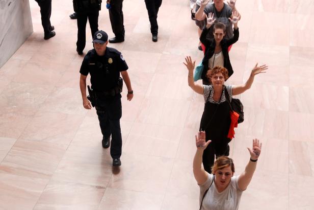 Sarandon is arrested with demonstrators calling for "an end to family detention" and in opposition to the immigration policies of the Trump administration, at the Hart Senate Office Building on Capitol Hill in Washington
