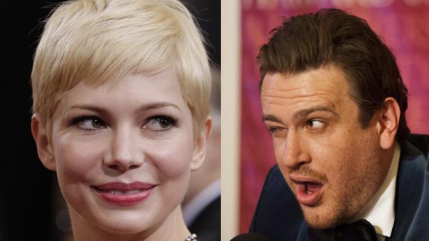 Ein geteiltes Porträt von Michelle Williams und Jason Segel.