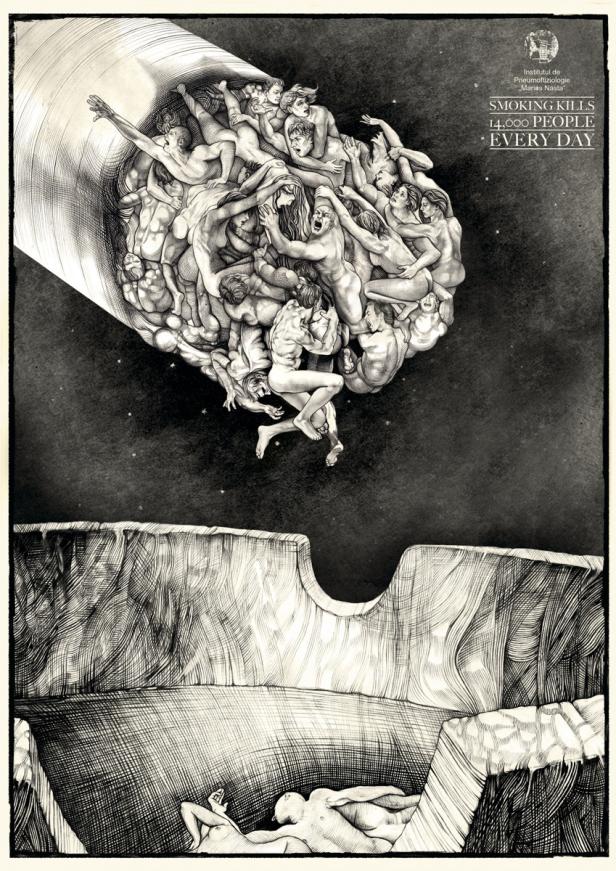 Eine Zigarette besteht aus einer Masse von Menschen, die in einen Abgrund stürzen.