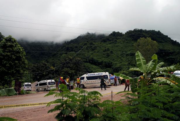 A group of ambulances travel to Tham Luang cave complex in the northern province of Chiang Rai