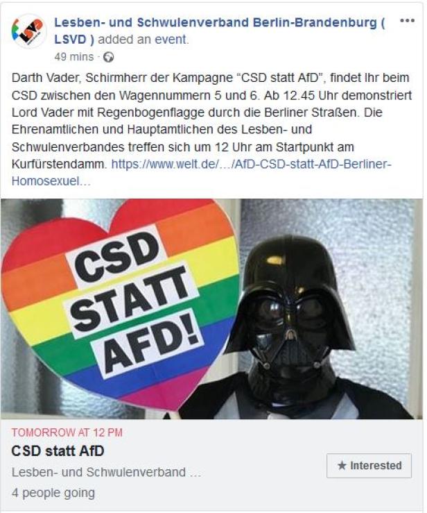 Berliner Homosexuelle werben mit Darth Vader um AfD-Aussteiger