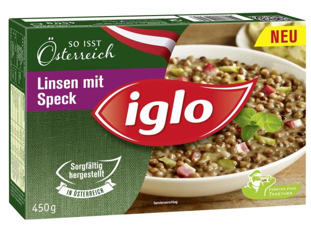 Eine Packung „So isst Österreich“ Linsen mit Speck von Iglo.
