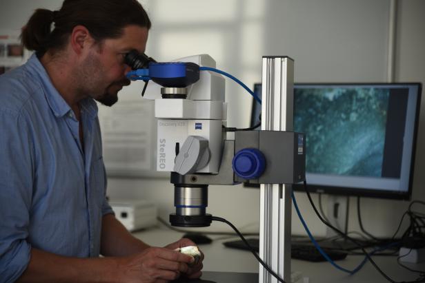 Ein Mann untersucht eine Gesteinsprobe unter einem Mikroskop der Marke Zeiss.