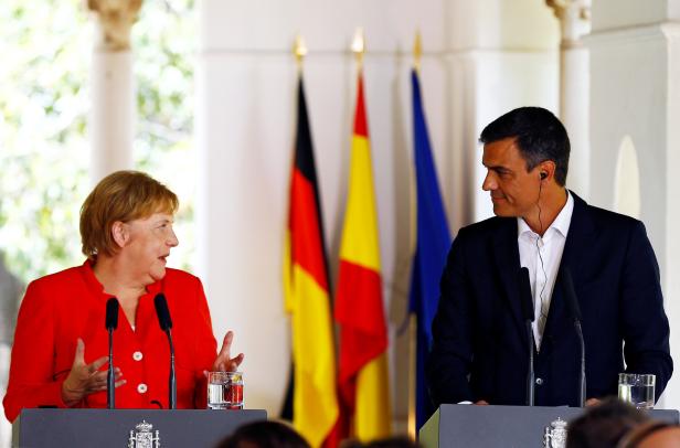Spain's Prime Minister Pedro Sanchez meets with German Chancellor Angela Merkel during her informal two-day visit in Sanlucar de Barrameda