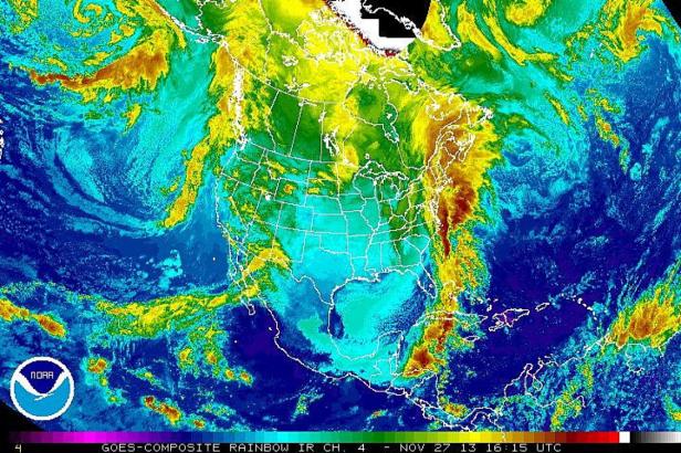 Ein GOES-Satellitenbild zeigt eine Wetterkarte von Nordamerika am 27. November 2013.