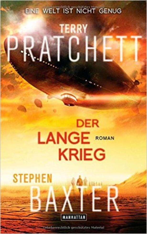 Das Buchcover von „Der Lange Krieg“ von Terry Pratchett und Stephen Baxter mit einem Luftschiff.