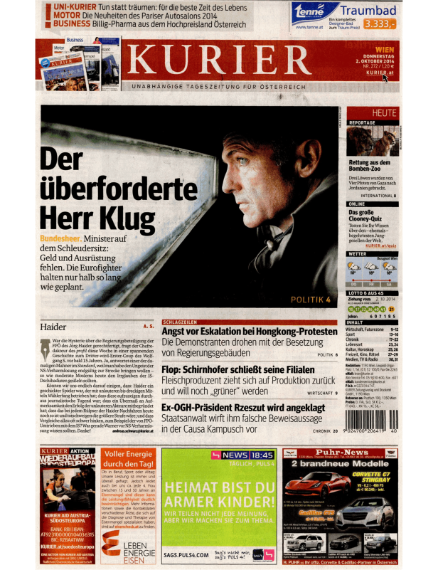 Titelseite des Kurier vom 2. Oktober 2014 mit dem Titel „Der überforderte Herr Klug“.