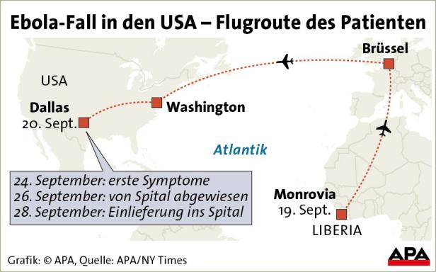 Eine Grafik zeigt die Flugroute eines Ebola-Patienten von Monrovia über Brüssel und Washington nach Dallas.