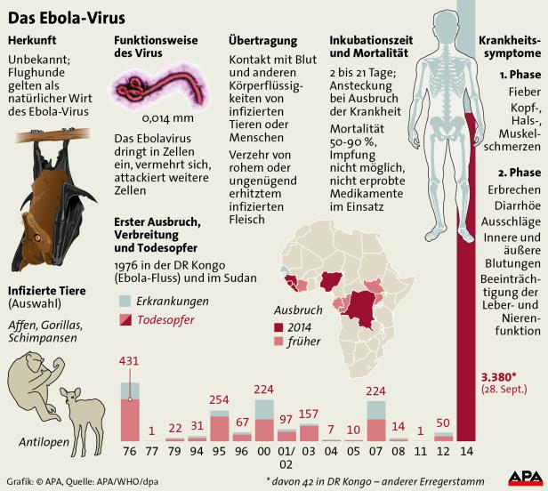 Eine Infografik über das Ebola-Virus, seine Übertragung, Symptome und Ausbrüche.