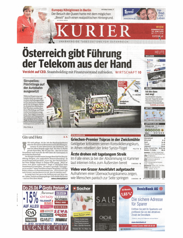 Titelseite der österreichischen Tageszeitung „Kurier“ vom 25. Juni 2015.