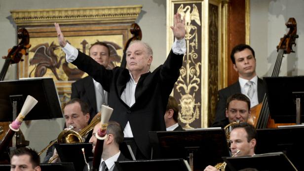 Ein Dirigent leitet ein Orchester mit erhobenen Händen.