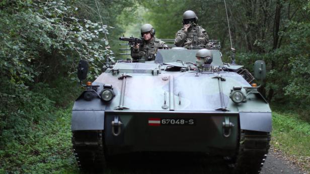 Ein Schützenpanzer des österreichischen Bundesheeres fährt durch dichtes Grün.