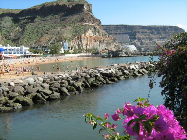 Ein Strand mit Badegästen und einem Felsenriff im Vordergrund.