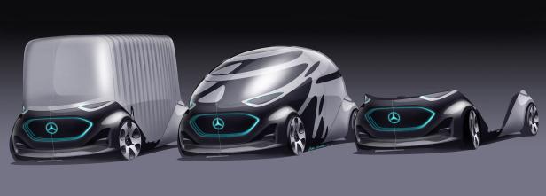 Drei verschiedene futuristische Mercedes-Benz Fahrzeugdesigns in einer Konzeptzeichnung.
