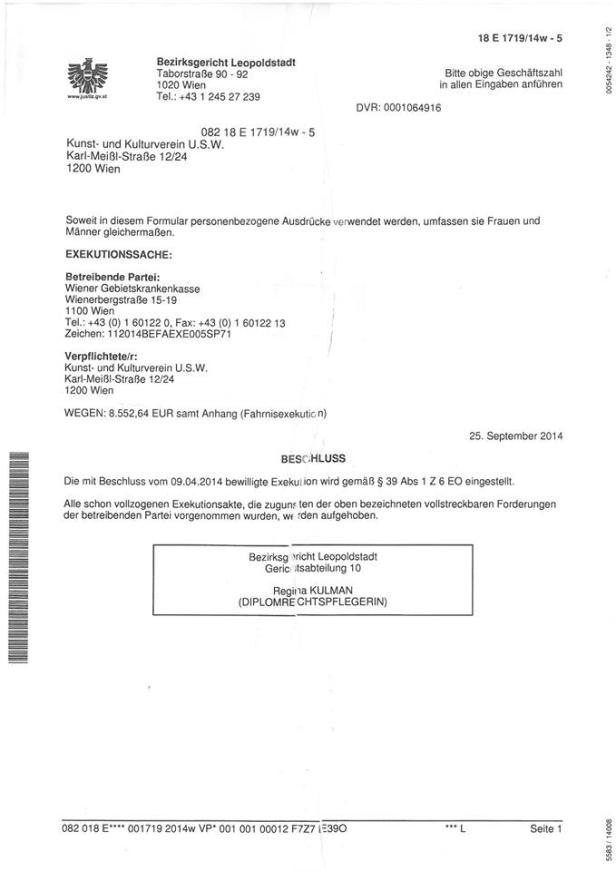 Laut Flex der Beweis, dass das Gericht das Verfahren eingestellt hat. Ein Dokument des Bezirksgerichts Leopoldstadt vom 25. September 2014 betrifft eine Exekutionssache.