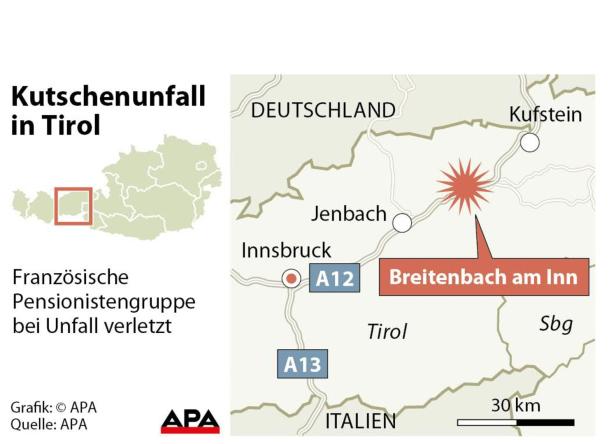 Eine Karte von Tirol, die den Ort eines Kutschenunfalls in Breitenbach am Inn zeigt.