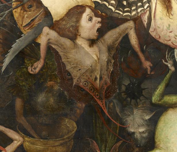 Detail aus einem Gemälde von Hieronymus Bosch mit grotesken Figuren und einem Dämon mit Fledermausflügeln.