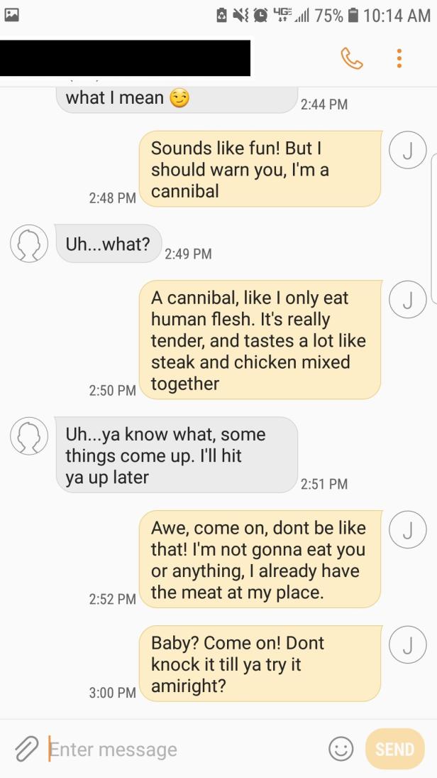 Ein Screenshot einer SMS-Konversation über Kannibalismus.