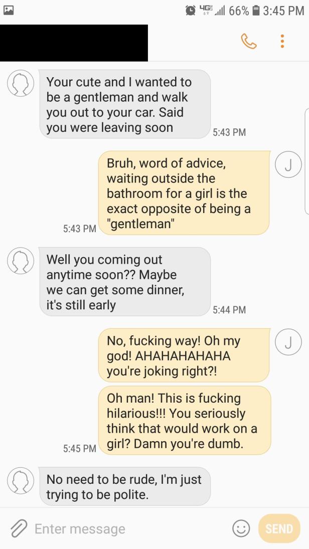 Ein Screenshot einer SMS-Konversation über Anmachversuche und unangebrachtes Verhalten.