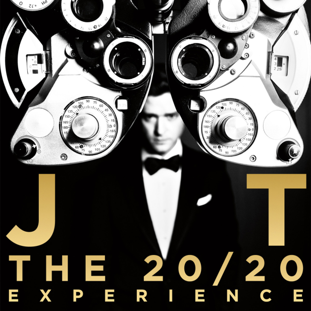 Das Cover von Justin Timberlakes Album „The 20/20 Experience“ mit einem Phoropter im Vordergrund.